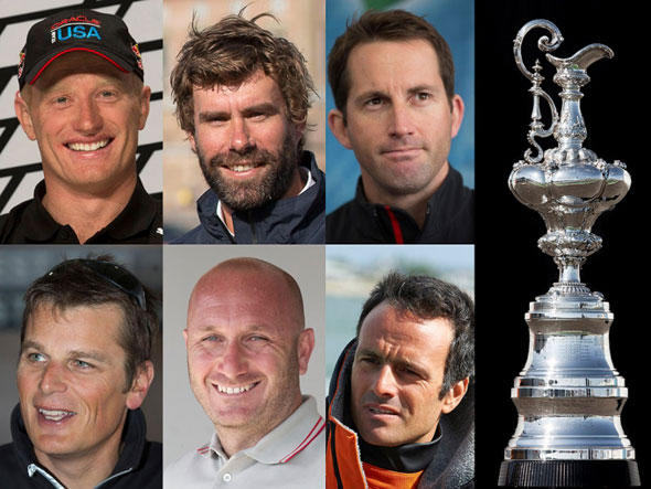 Diese Skipper kämpfen um die Kanne: Jimmy Spithill, Iain Percy, Ben Ainslie; (oben von links nach rechts), Dean Barker, Max Sirena, Franck Cammas (unten von links nach rechts)