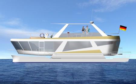 Die Schwebe-Yacht kompensiert Seegang durch kardanische Schwimmer