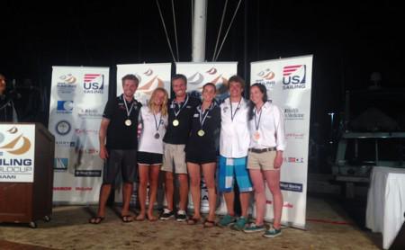 Zum ersten Mal bei einer Weltcup-Regatta am Podest: das Nacra-Duo Thomas Zajac und Tanja Frank (ganz links)